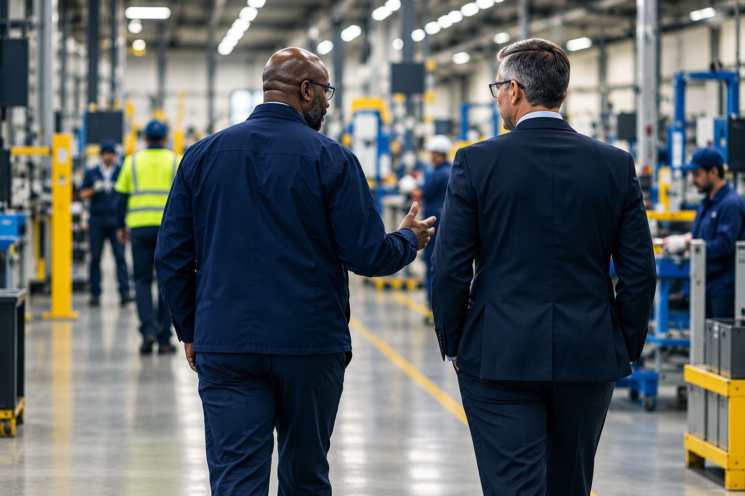 Leaders walking an operating floor in conversation