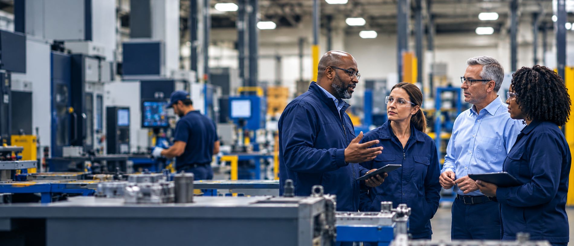 Leaders and operators in conversation on a manufacturing floor