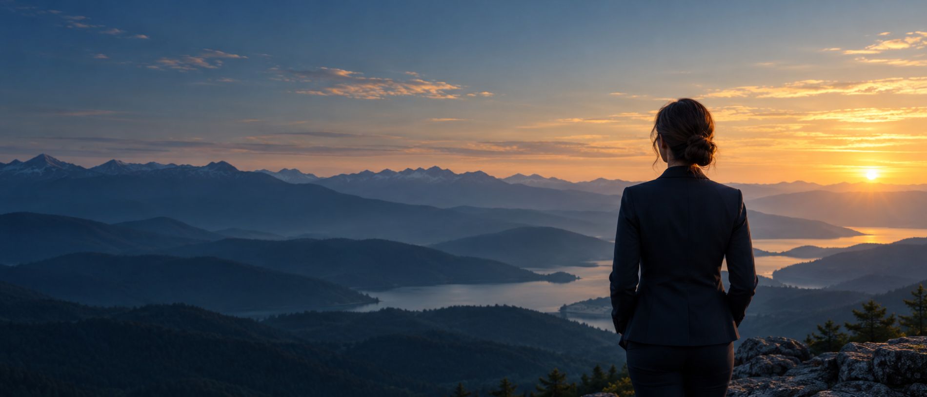 A leader looking out over a wide mountain vista at sunrise